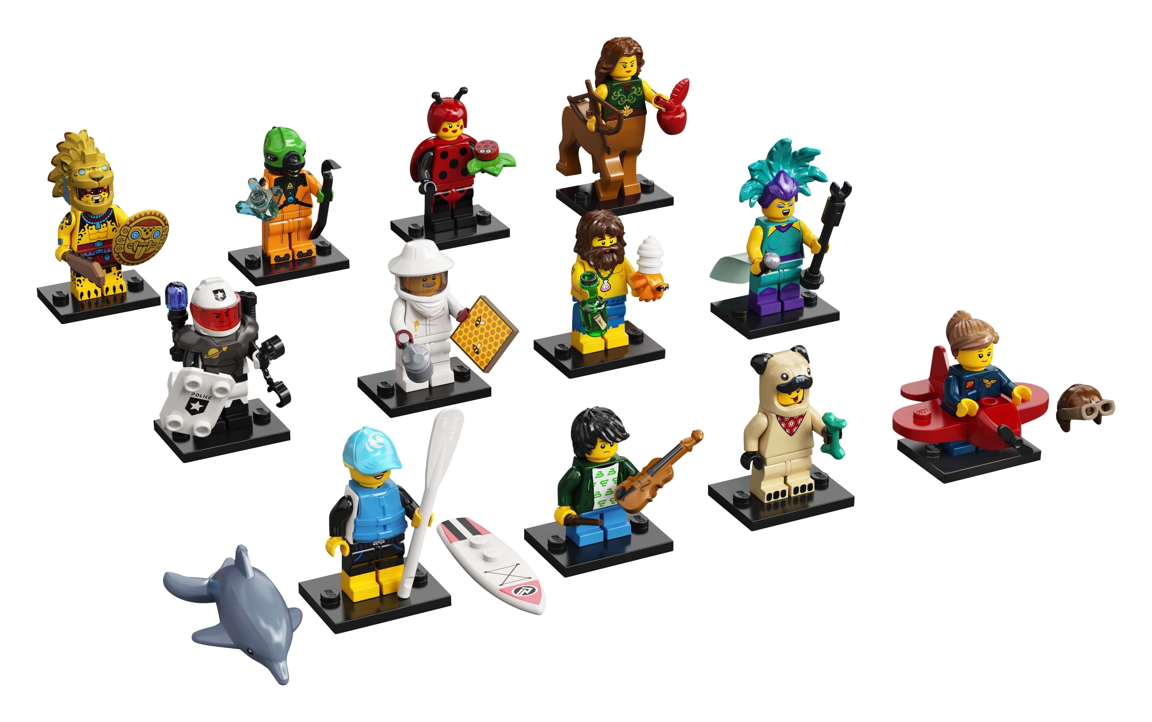 LEGO® Minifigures Series 21 Set 71029 featuring 12 unique characters and accessories on display.