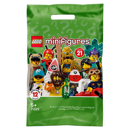 LEGO Minifigures Series 21 Set 71029 featuring 12 collectible characters and accessories in a mystery bag.