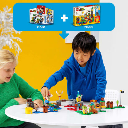 Kids enjoying LEGO® Super Mario Master Adventure Maker Set 71380 and Starter Course 71360 with creative gameplay.
