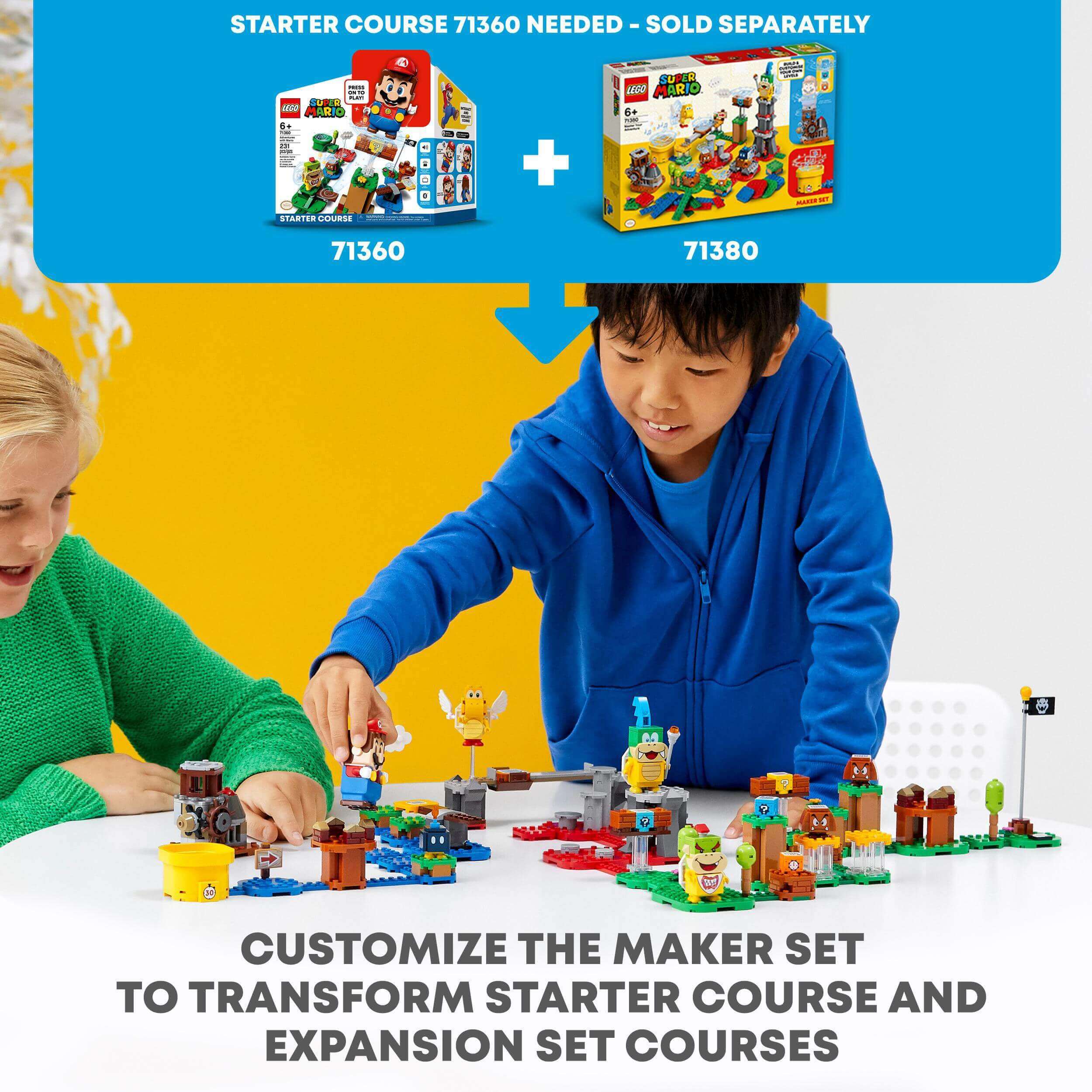 Kids customizing the LEGO® Super Mario Master Adventure Maker Set 71380 with Starter Course 71360 for creative play.