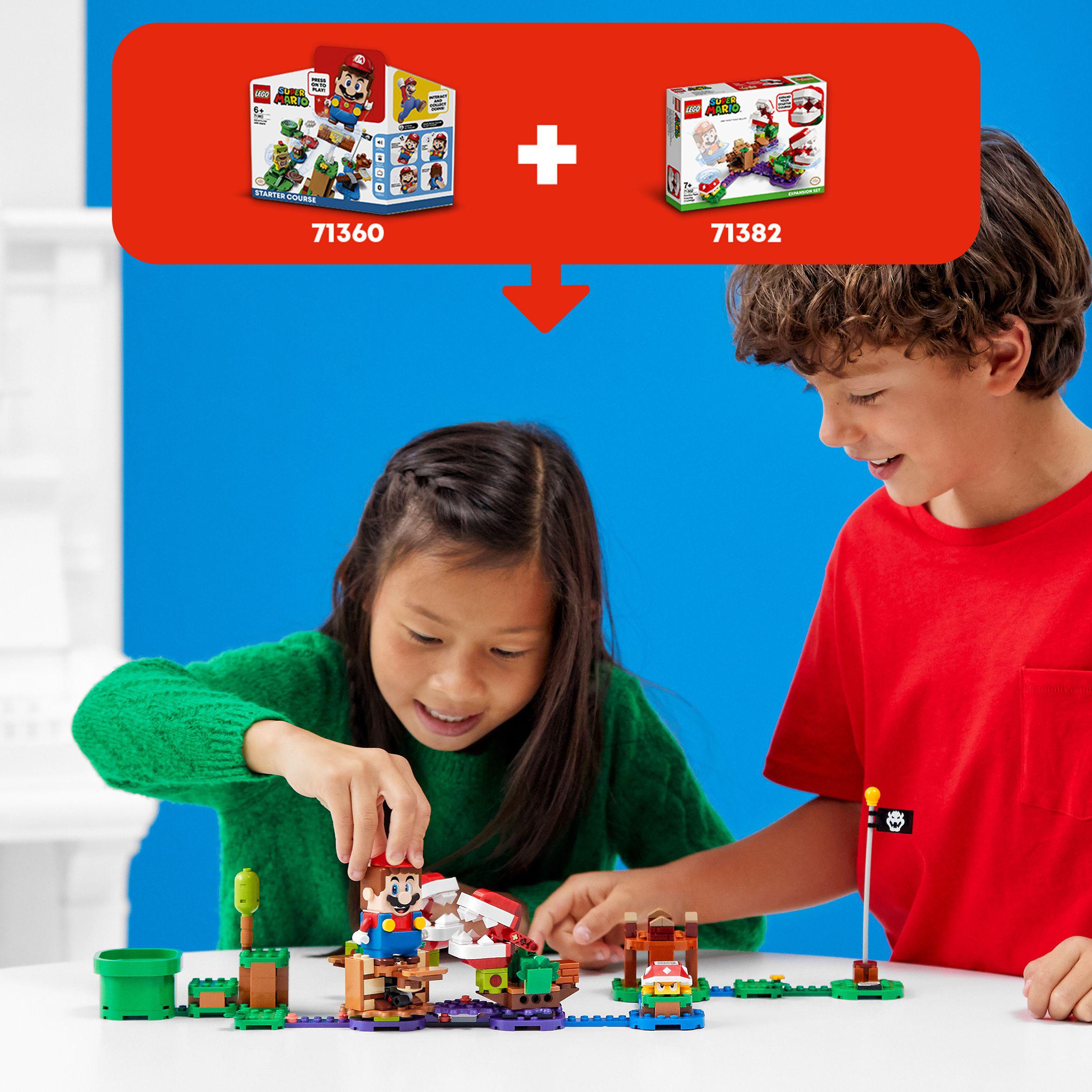 Children building with LEGO® Super Mario sets 71360 and 71382, creating interactive challenges in the Soda Jungle.
