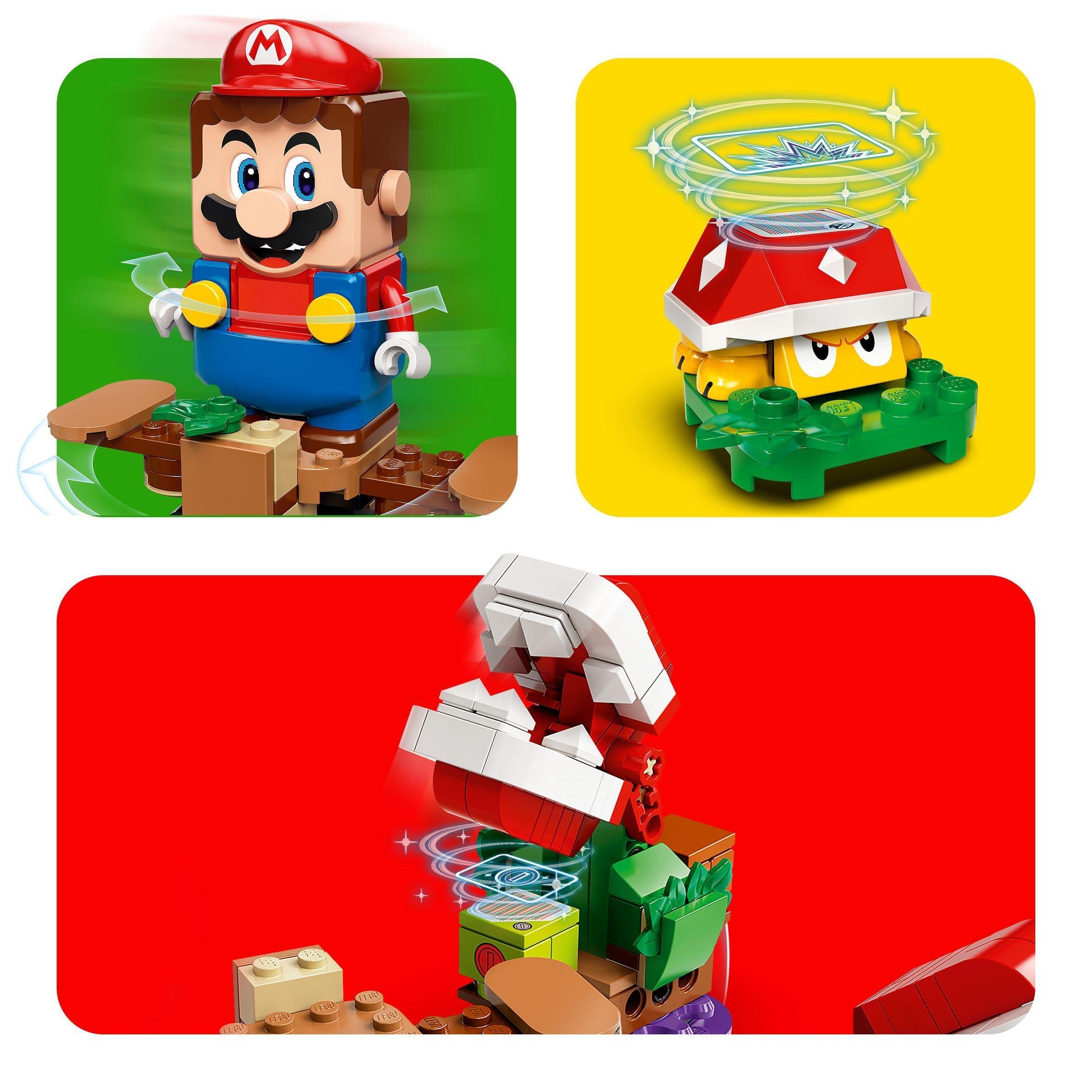 LEGO® Super Mario Piranha Plant Expansion Set featuring Mario, Piranha Plant, and Goomba challenges in colorful buildable scenes.