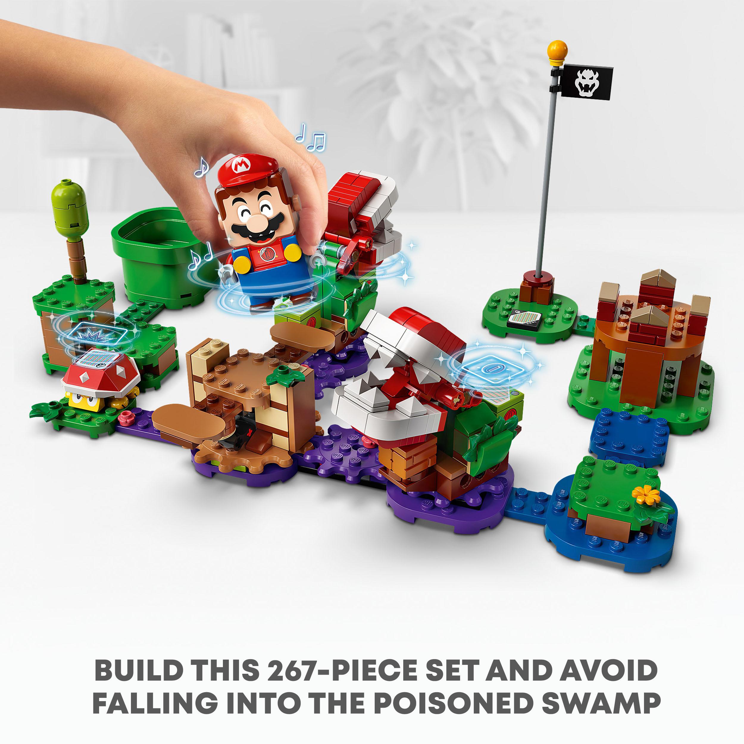 LEGO® Super Mario Piranha Plant Expansion Set 71382 with Mario avoiding the poisoned swamp in a colorful build.