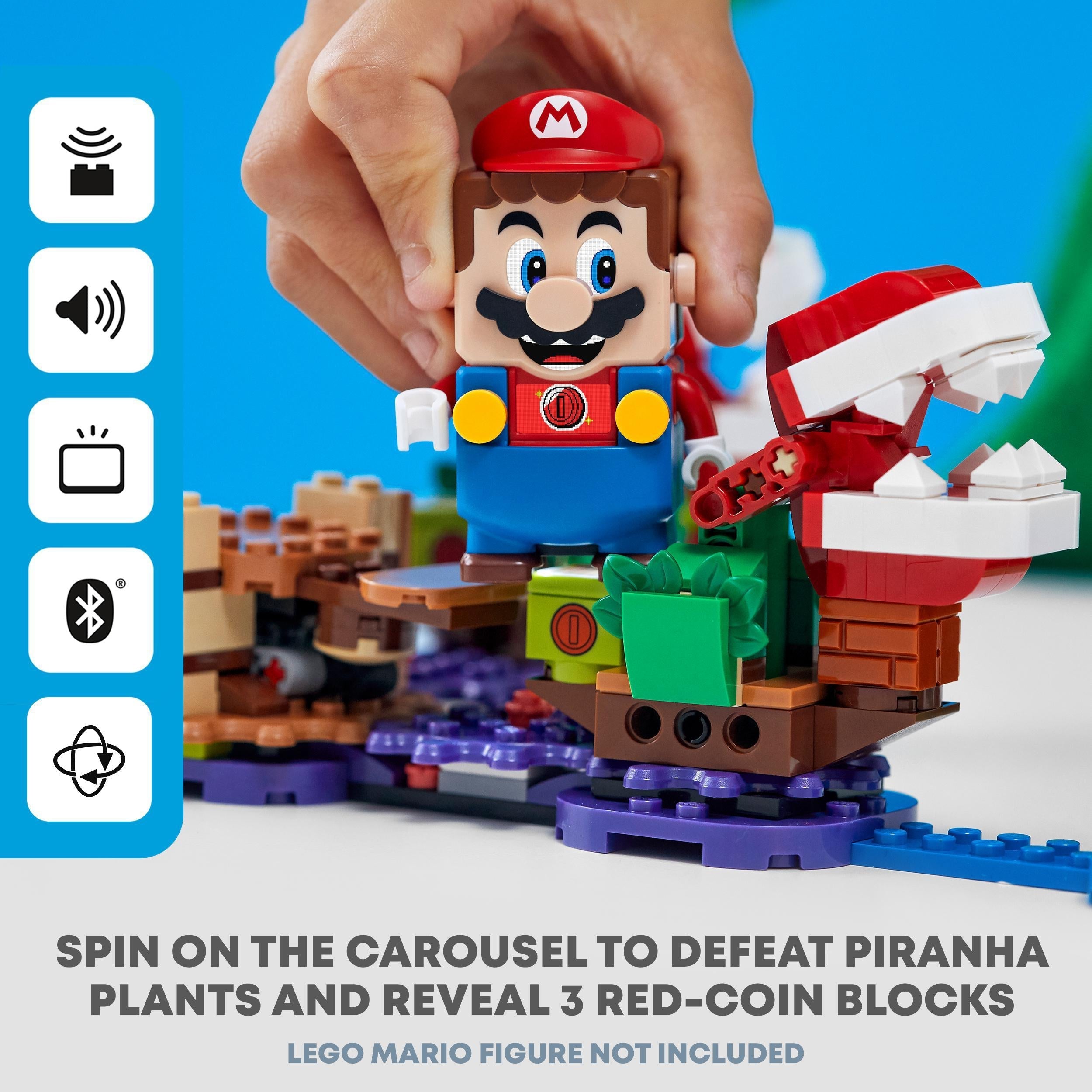 LEGO® Super Mario Piranha Plant Expansion Set 71382 featuring Mario defeating Piranha Plants and revealing red-coin blocks.