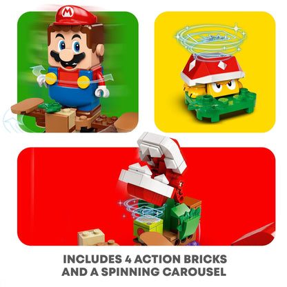 LEGO® Super Mario Piranha Plant Expansion Set featuring action bricks and a spinning carousel.