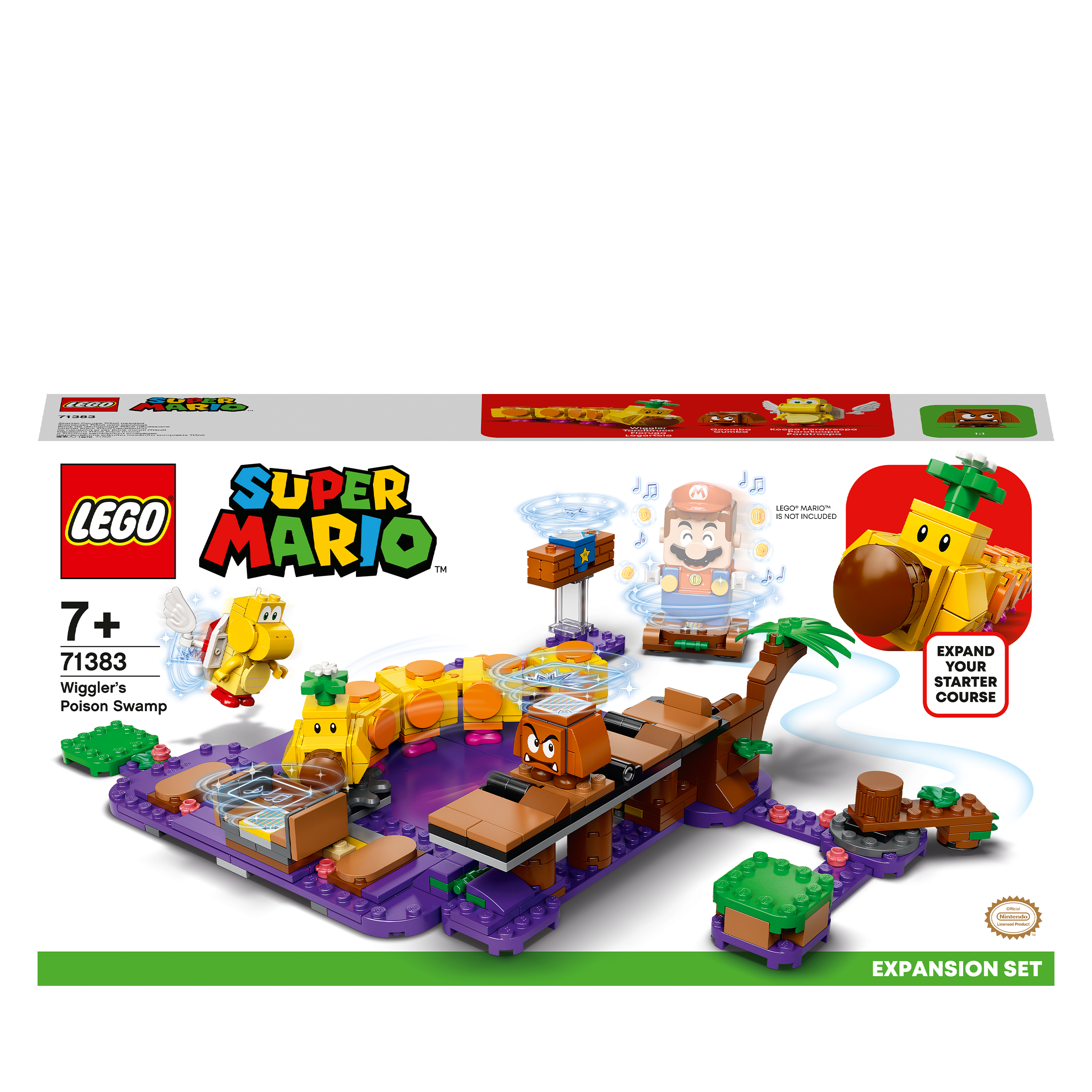 LEGO Super Mario Poison Swamp Expansion Set 71383 featuring vibrant Soda Jungle level with Wiggler and iconic enemies.