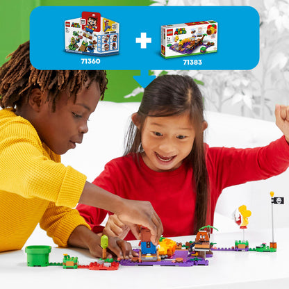 Kids enjoying the LEGO® Super Mario Poison Swamp Expansion Set 71383 with LEGO® Super Mario Starter Course 71360.