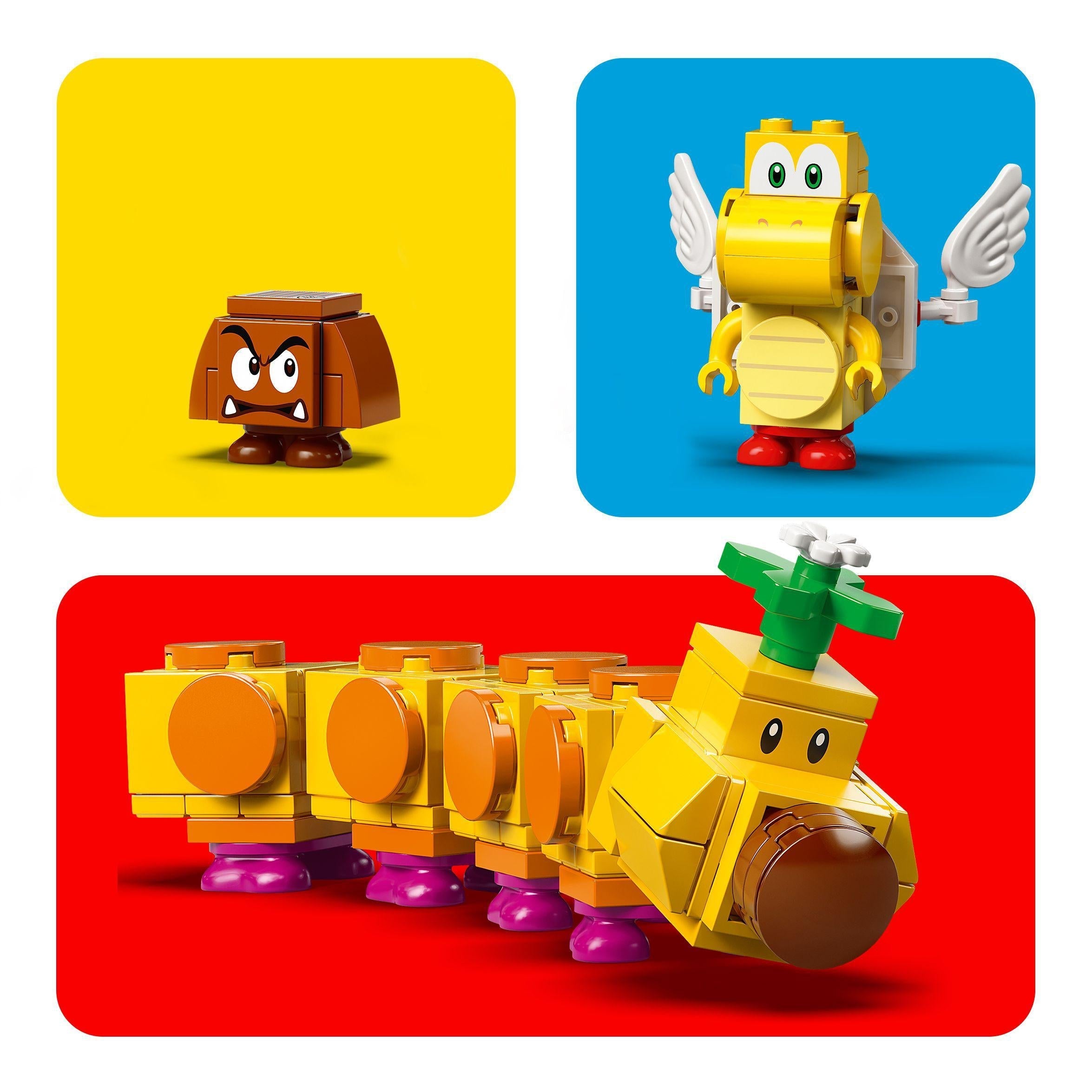 LEGO® Super Mario characters, including Goomba, Winged Koopa, and a Snail in vibrant colors, perfect for play and creativity.