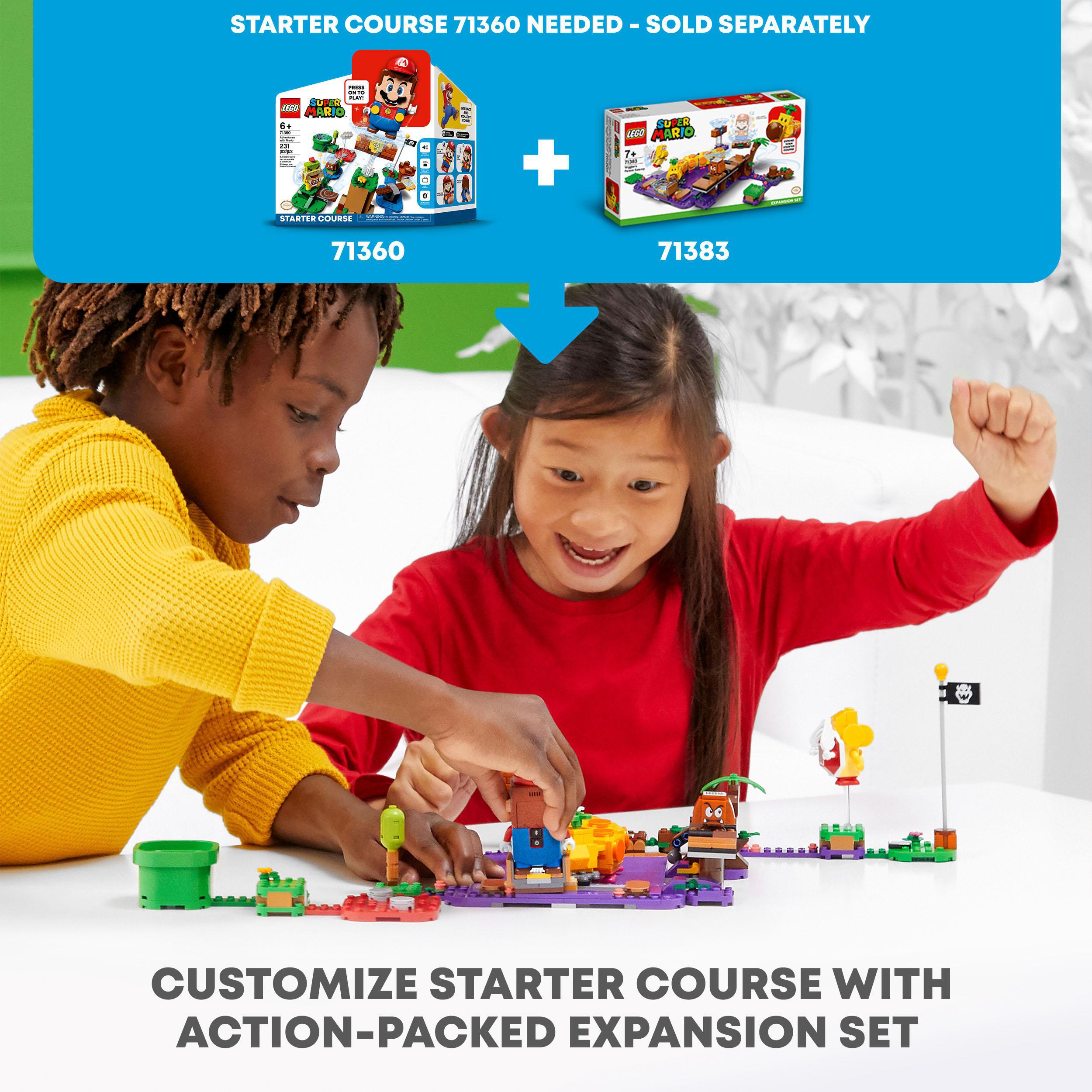 Kids playing with LEGO® Super Mario Poison Swamp Expansion Set 71383, customizing their Starter Course 71360.
