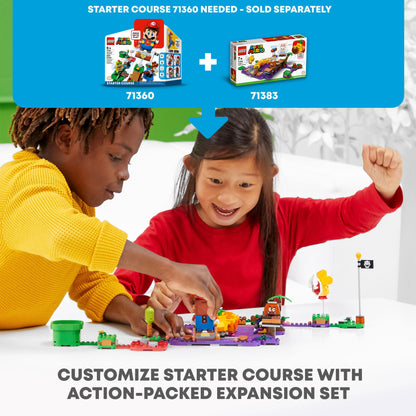 Kids playing with LEGO® Super Mario Poison Swamp Expansion Set 71383, customizing their Starter Course 71360.