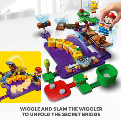 LEGO Super Mario Poison Swamp Expansion Set 71383 featuring interactive gameplay with Mario, bridges, and enemies.
