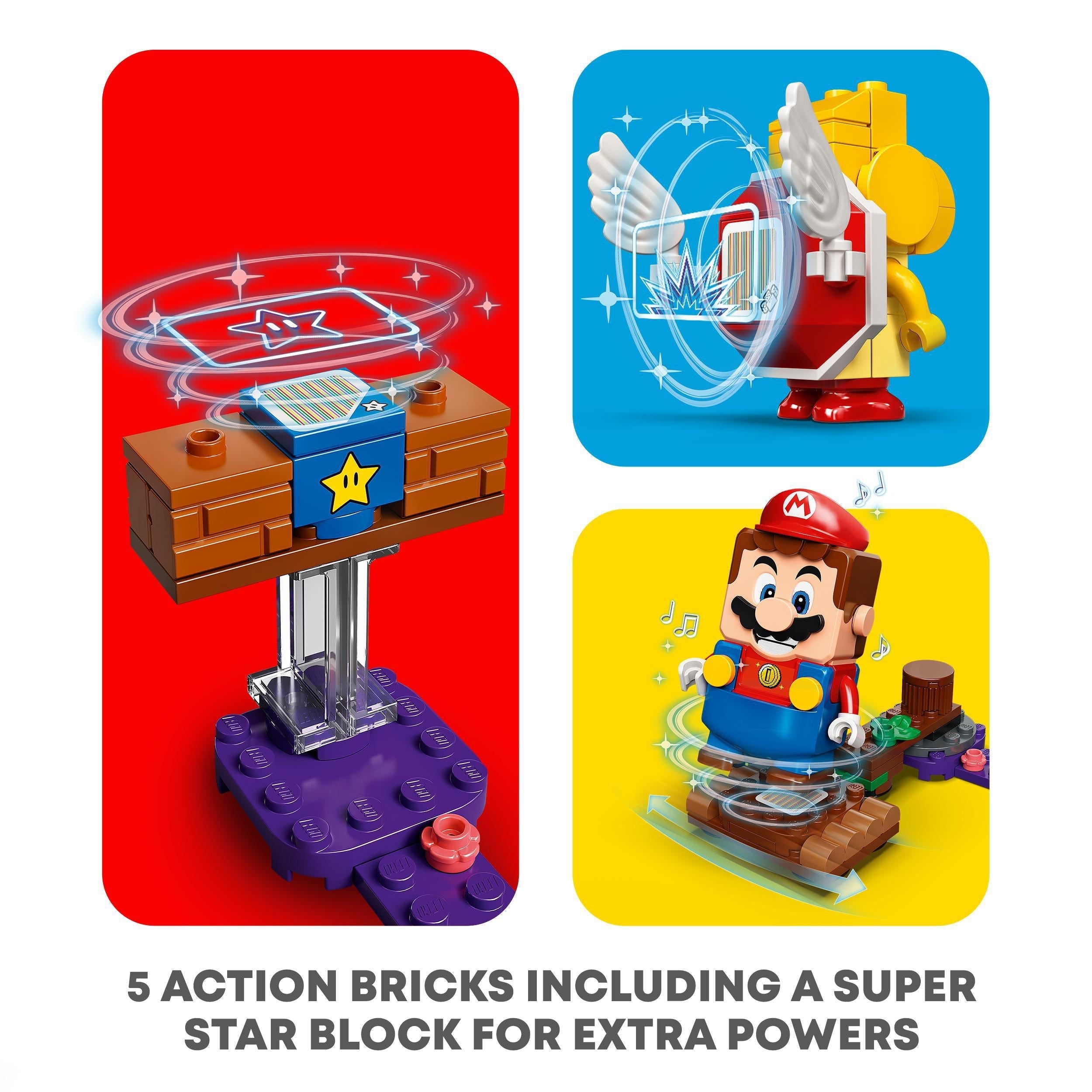 LEGO Super Mario Poison Swamp Expansion Set 71383 showing 5 action bricks and super star block for extra powers.