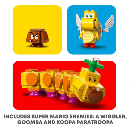 LEGO Super Mario characters including Wiggler, Goomba, and Koopa Paratroopa from Poison Swamp Expansion Set 71383.