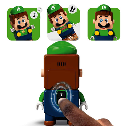 LEGO® Super Mario Luigi figure with interactive features and Bluetooth connection for kids fun.