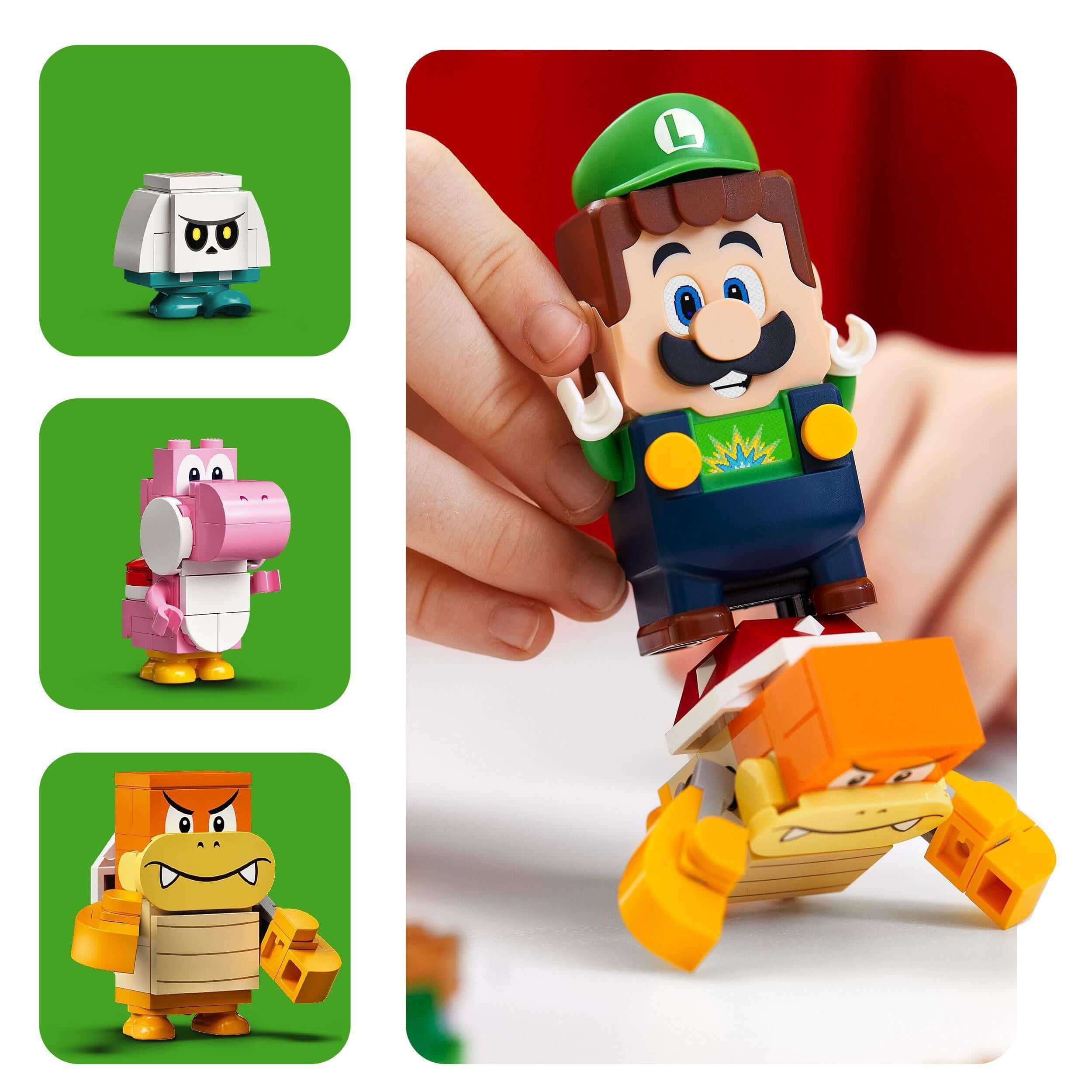 Interactive LEGO® Super Mario Luigi figure with characters, kids' playset toys featuring Luigi, Yoshi, and enemies.