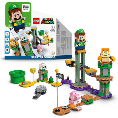 LEGO Super Mario Luigi Starter Course 71387 with interactive Luigi figure and vibrant game elements for kids.