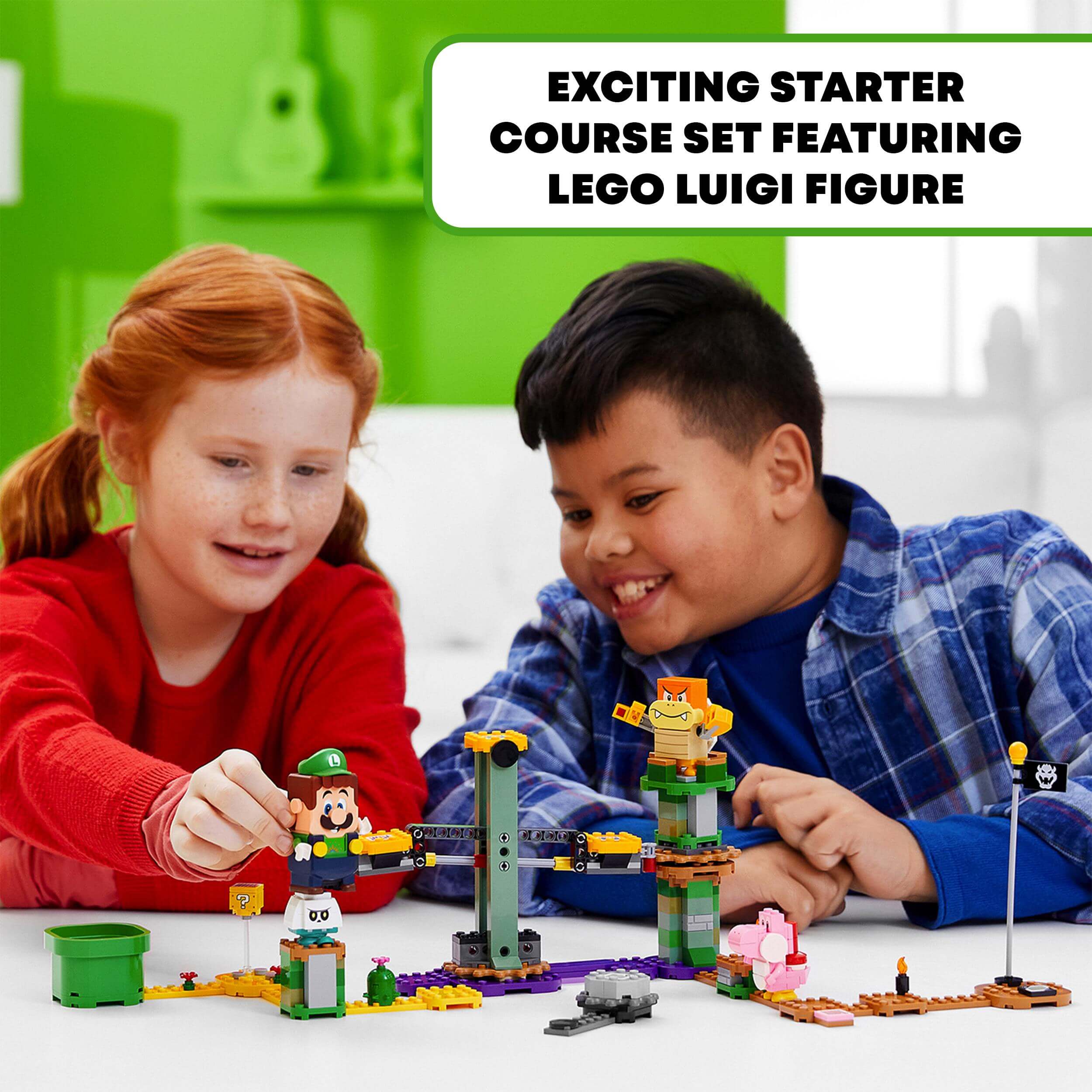 Kids enjoying the LEGO® Super Mario Luigi Starter Course toy, featuring interactive LEGO® Luigi figure and fun building elements.