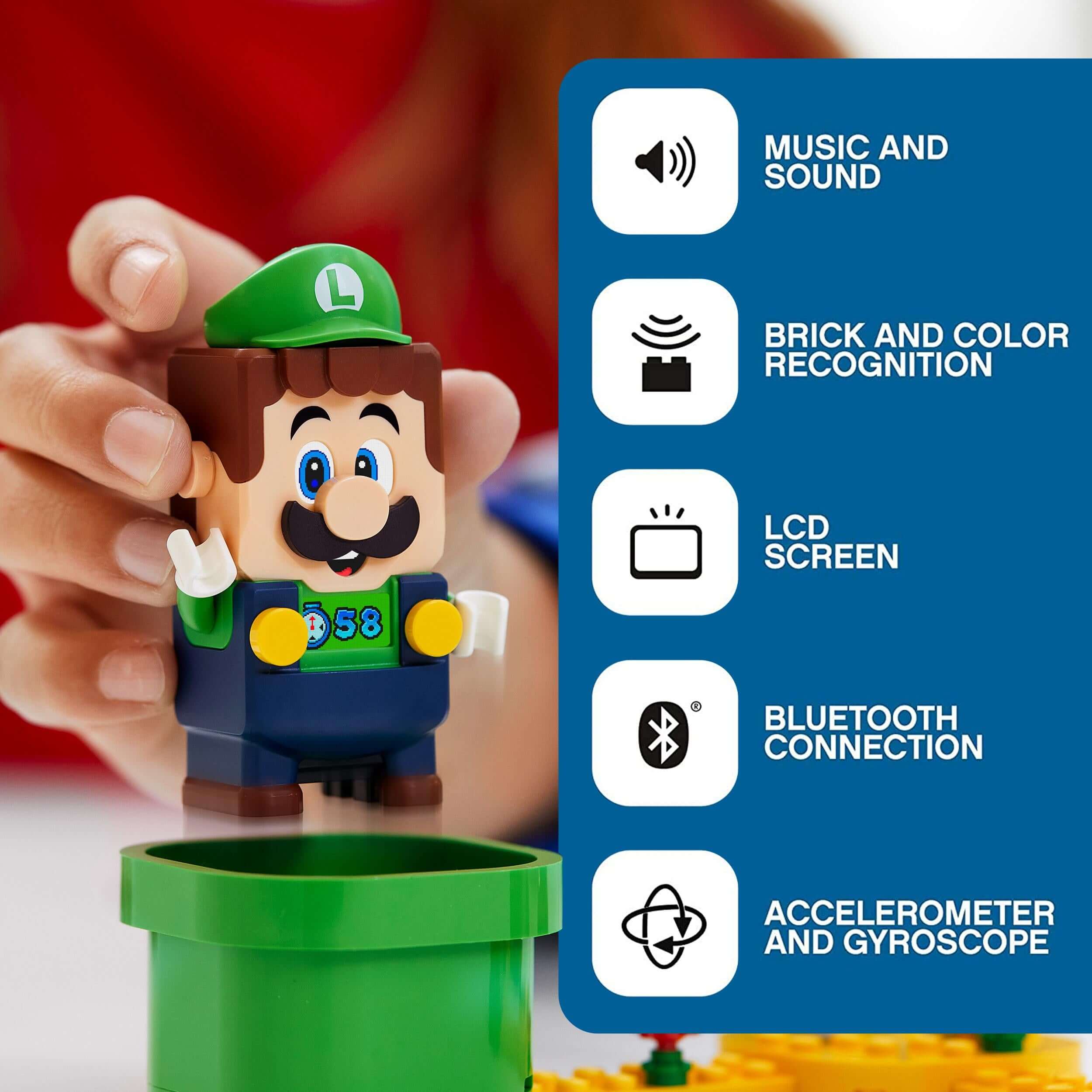LEGO® Super Mario Luigi figure with interactive features like music, sound, and Bluetooth connectivity in the Starter Course.