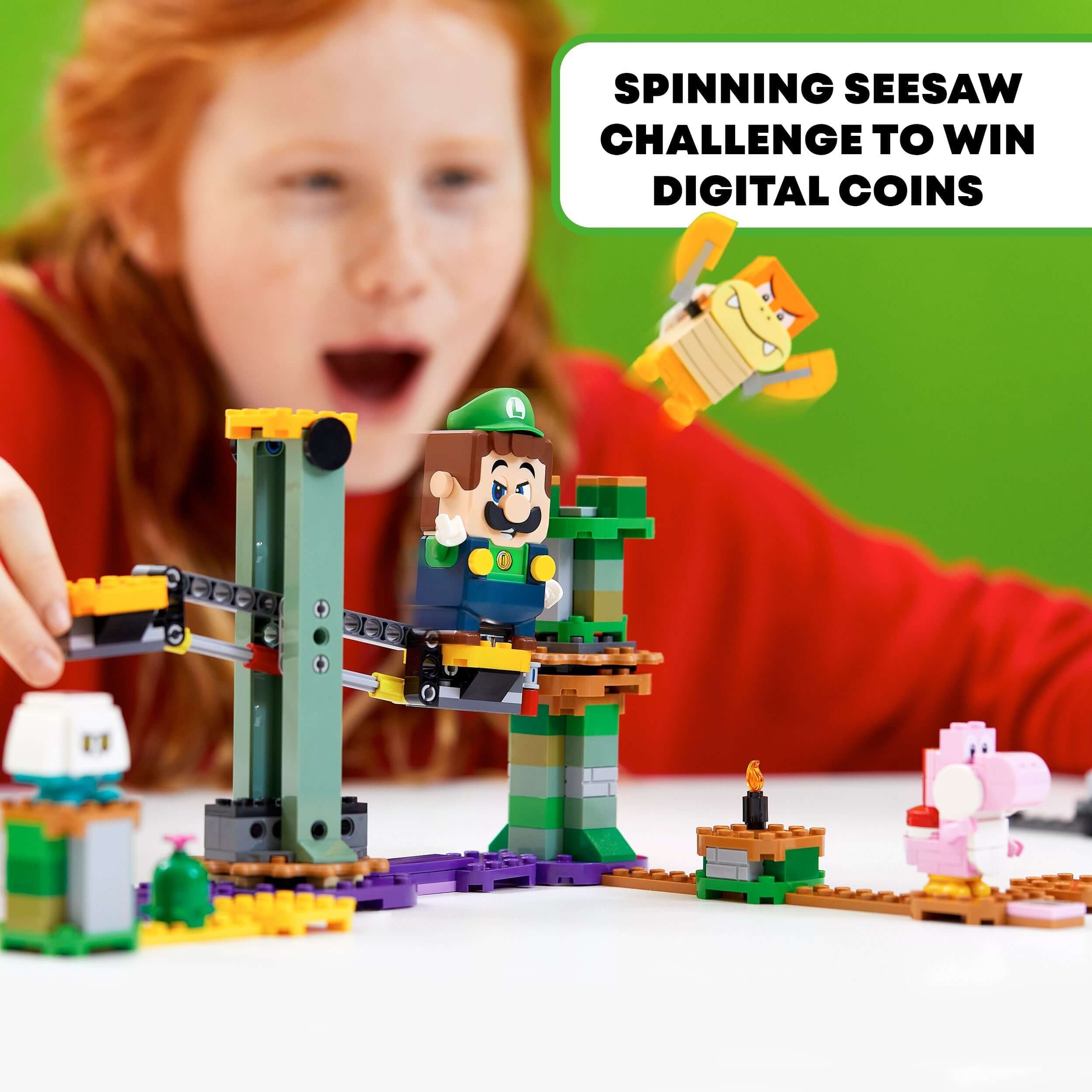 Child excitedly plays with LEGO® Super Mario Luigi Starter Course, featuring a spinning seesaw challenge and digital coins.