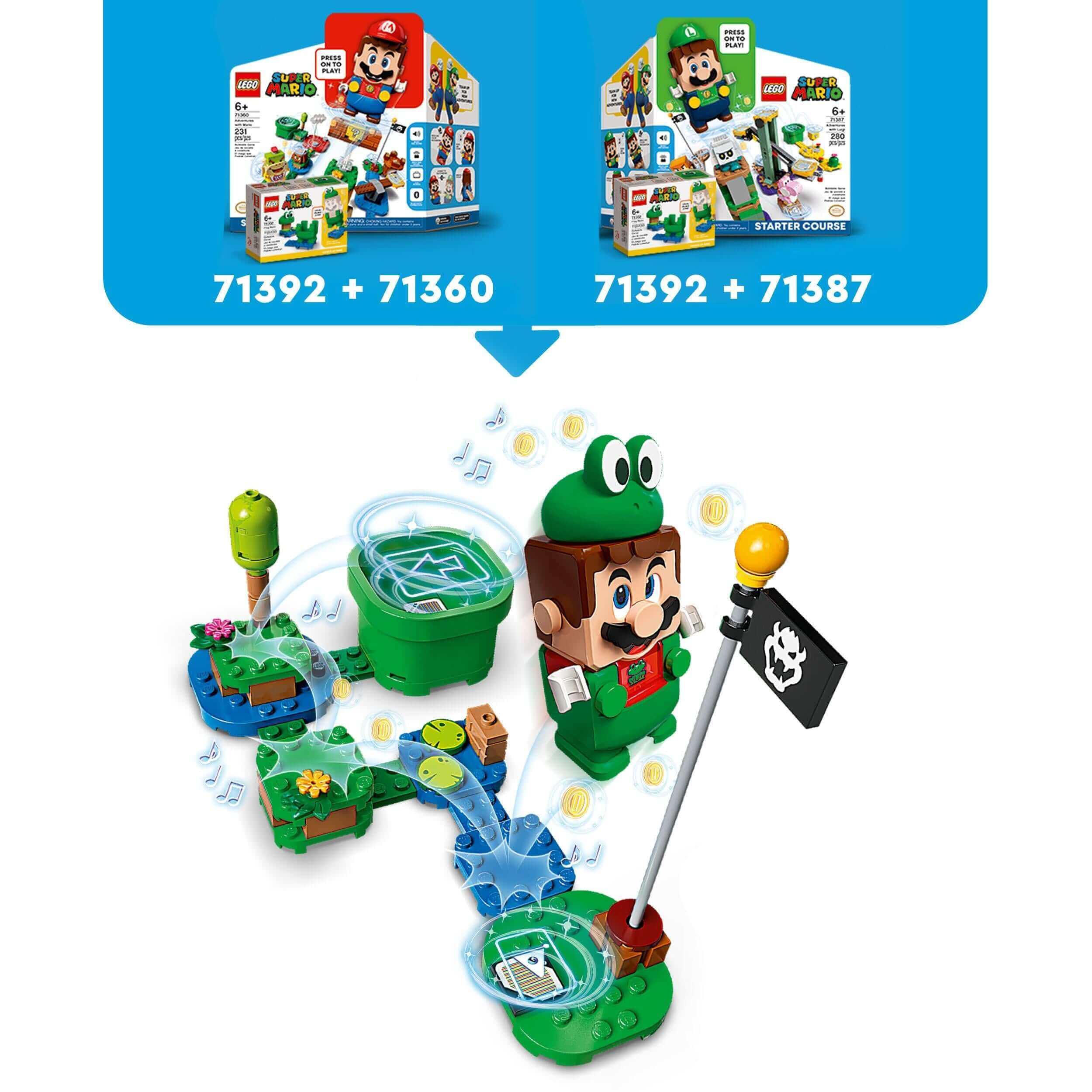 LEGO Super Mario Frog Mario Power-Up Pack 71392 toy set with interactive figure and accessories for kids.