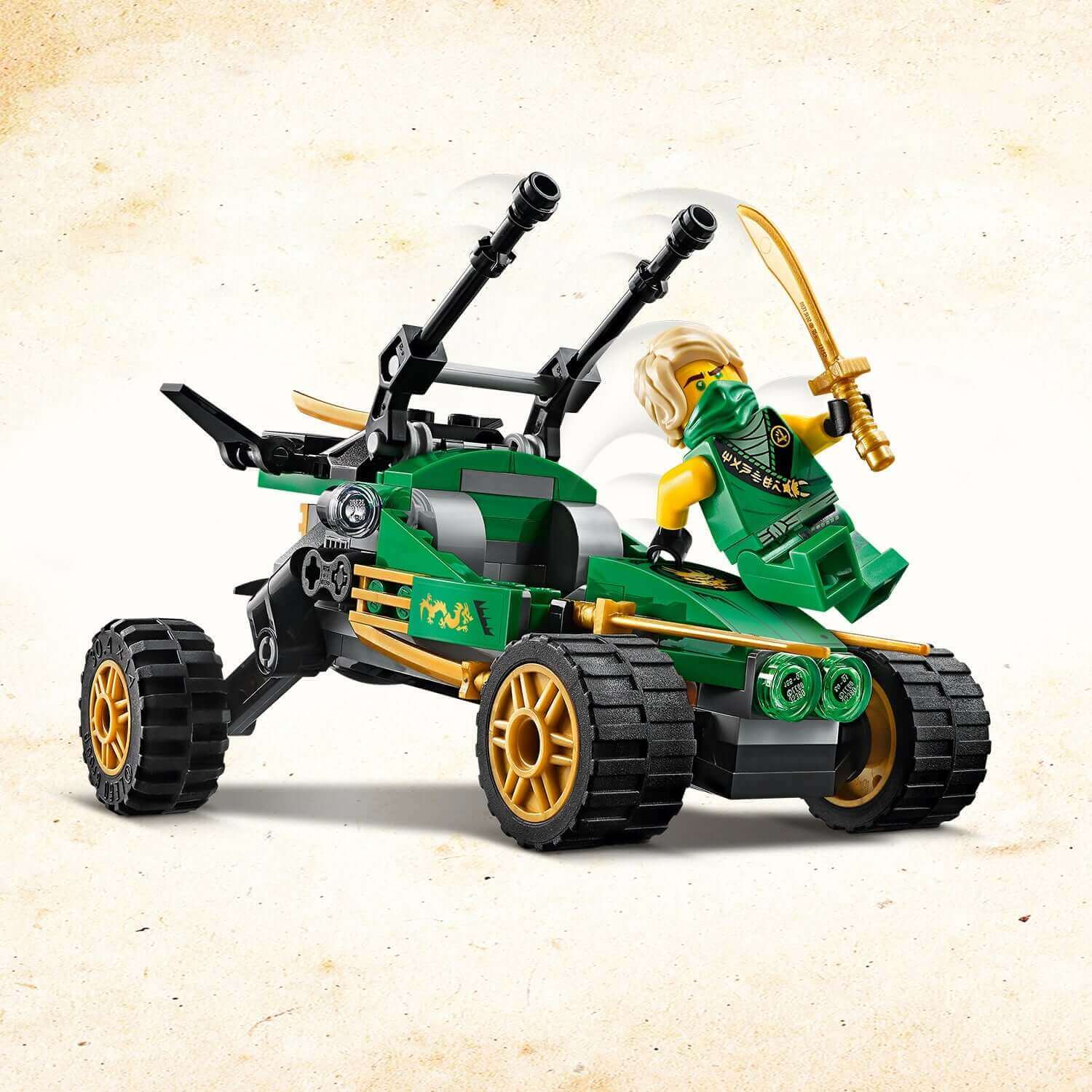 LEGO NINJAGO Legacy Jungle Raider Set 71700 features Lloyd battling in a green and black buggy ready for action.