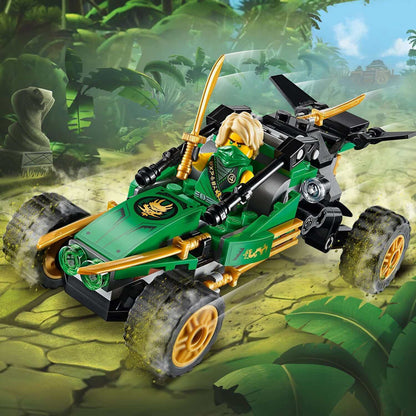 LEGO NINJAGO Legacy Jungle Raider Set 71700 with Lloyd in battle-ready buggy on a jungle path.