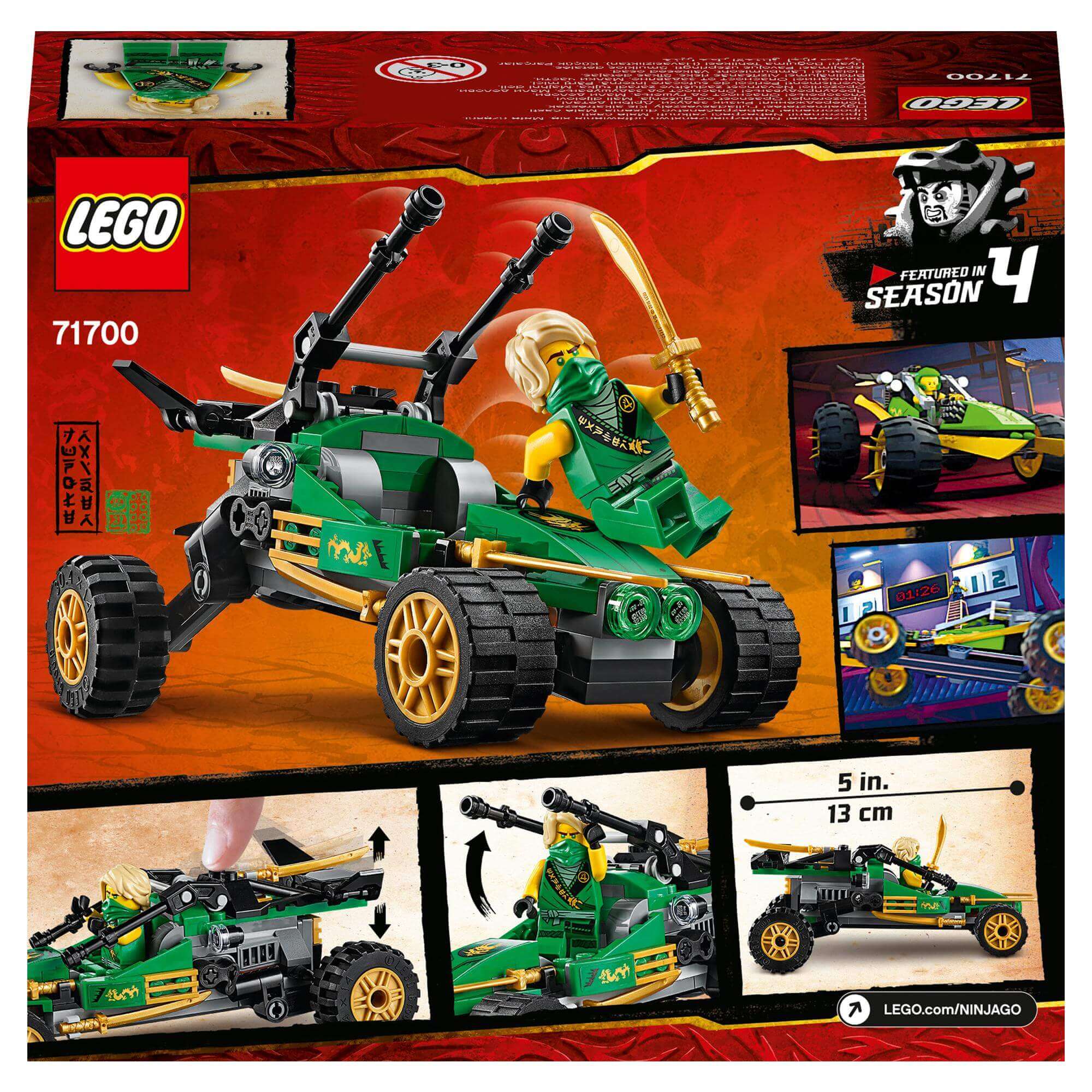 LEGO NINJAGO Legacy Jungle Raider Set 71700 with Lloyd in battle; buildable buggy for kids' imaginative play.