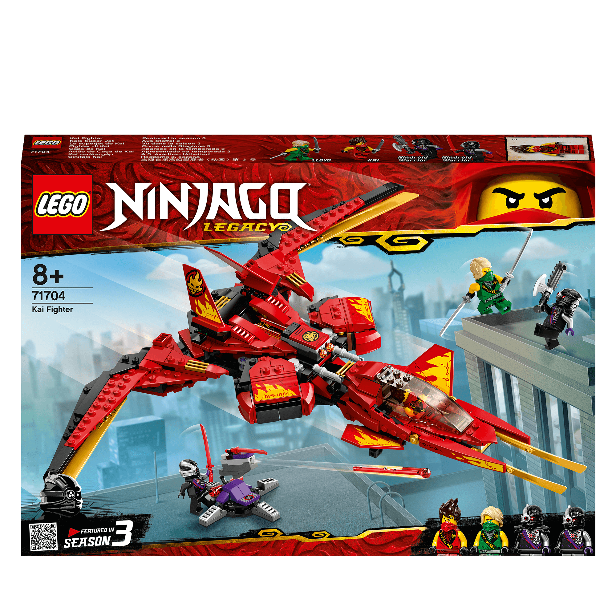 LEGO NINJAGO Legacy Kai Fighter Toy Jet 71704 with characters battling in New NINJAGO City scene