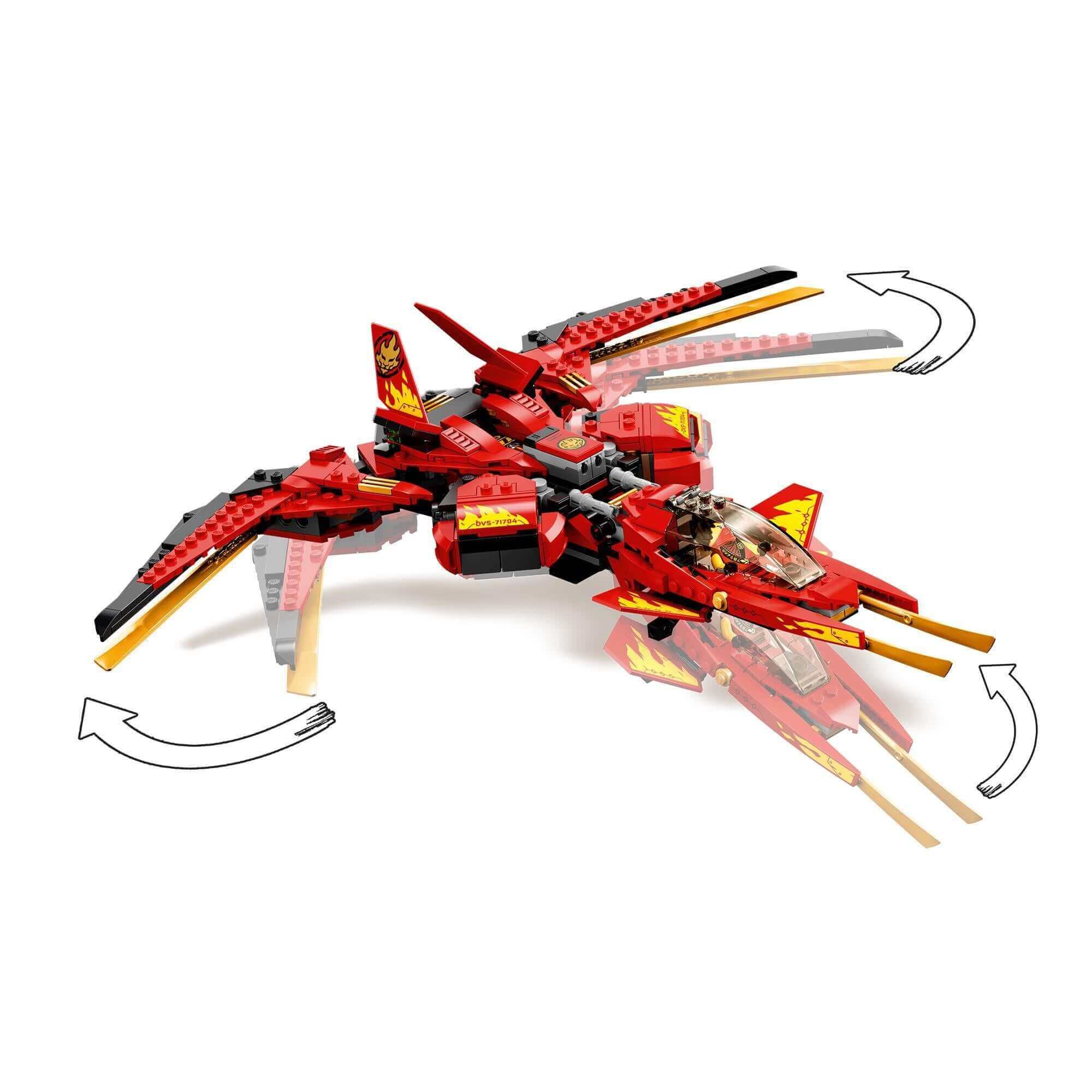LEGO NINJAGO Kai Fighter Toy Jet 71704, showcasing red design with rotating wings for imaginative play and display.