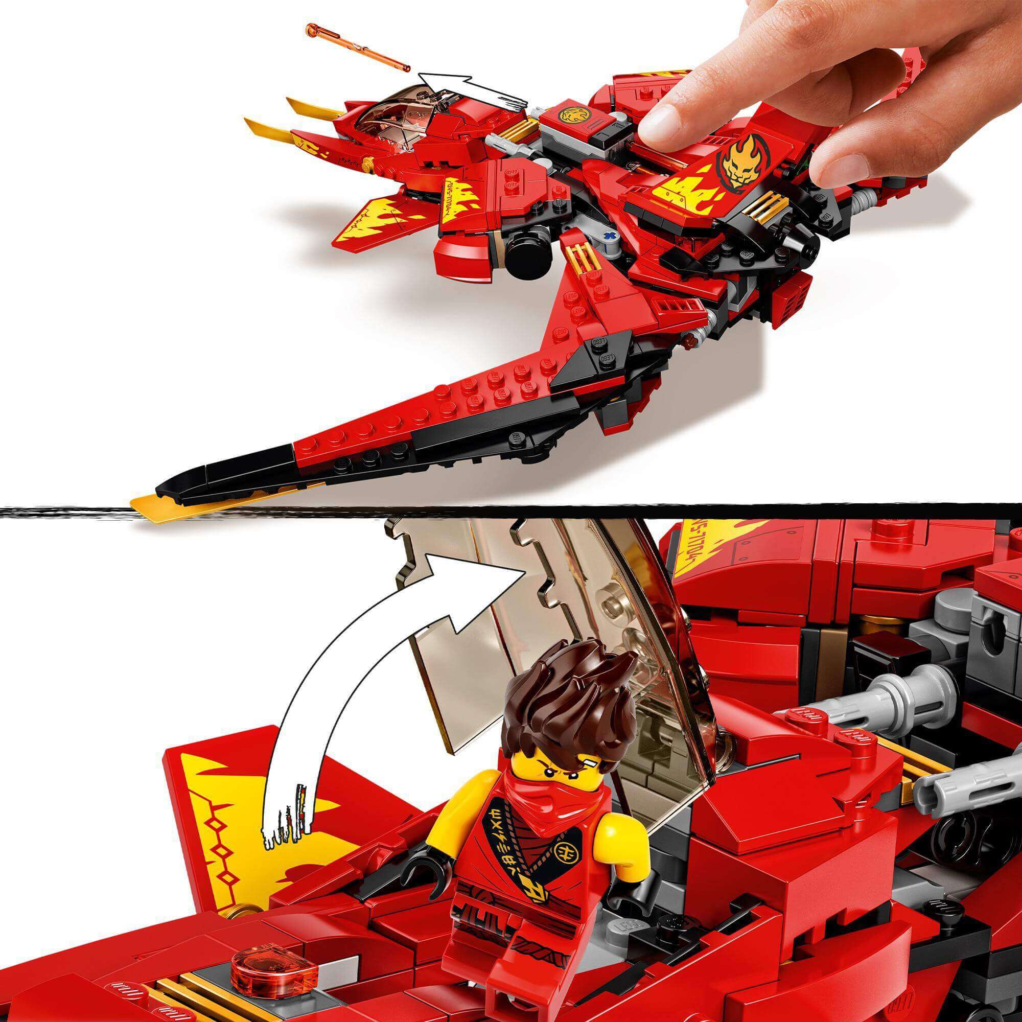 LEGO NINJAGO Legacy Kai Fighter 71704 toy jet with Kai minifigure, showcasing play and display features.