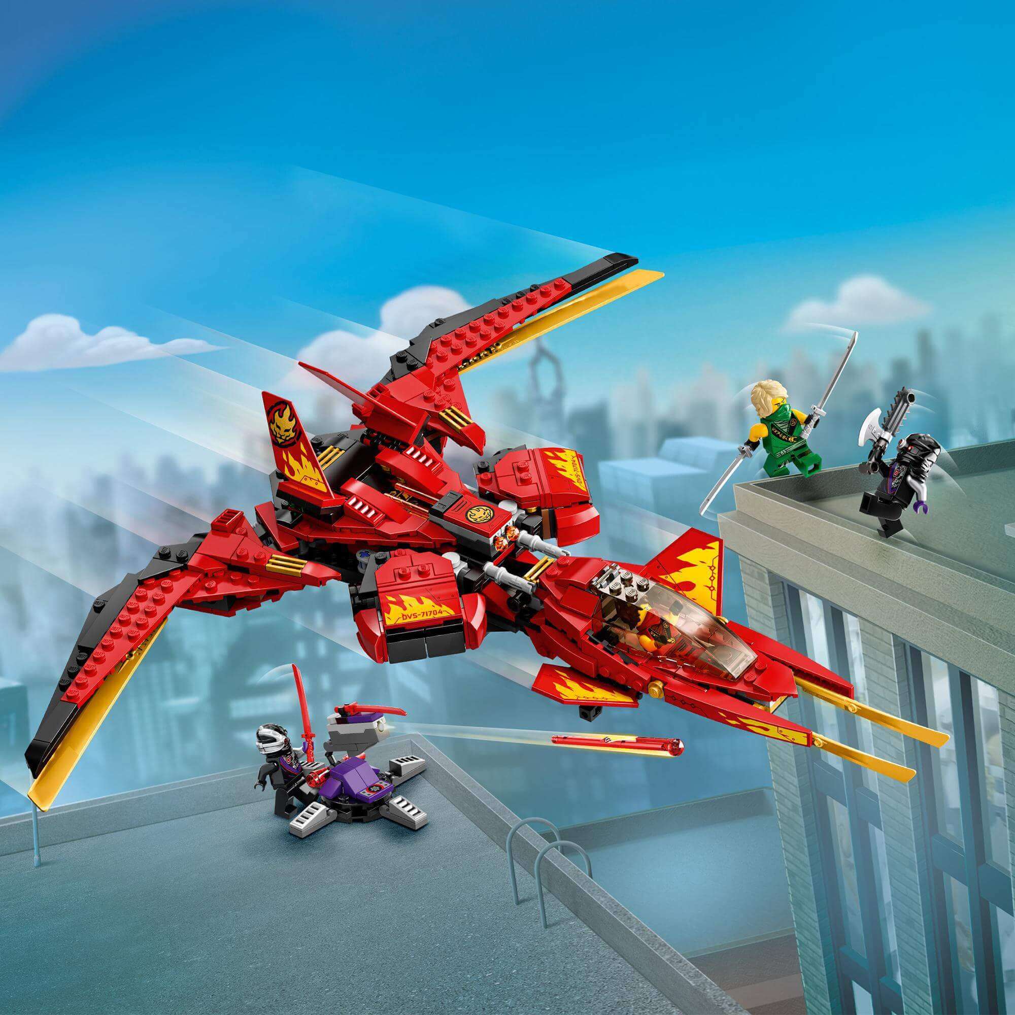LEGO NINJAGO Legacy Kai Fighter Toy Jet 71704 in action, with Lloyd and Kai battling in New NINJAGO City.