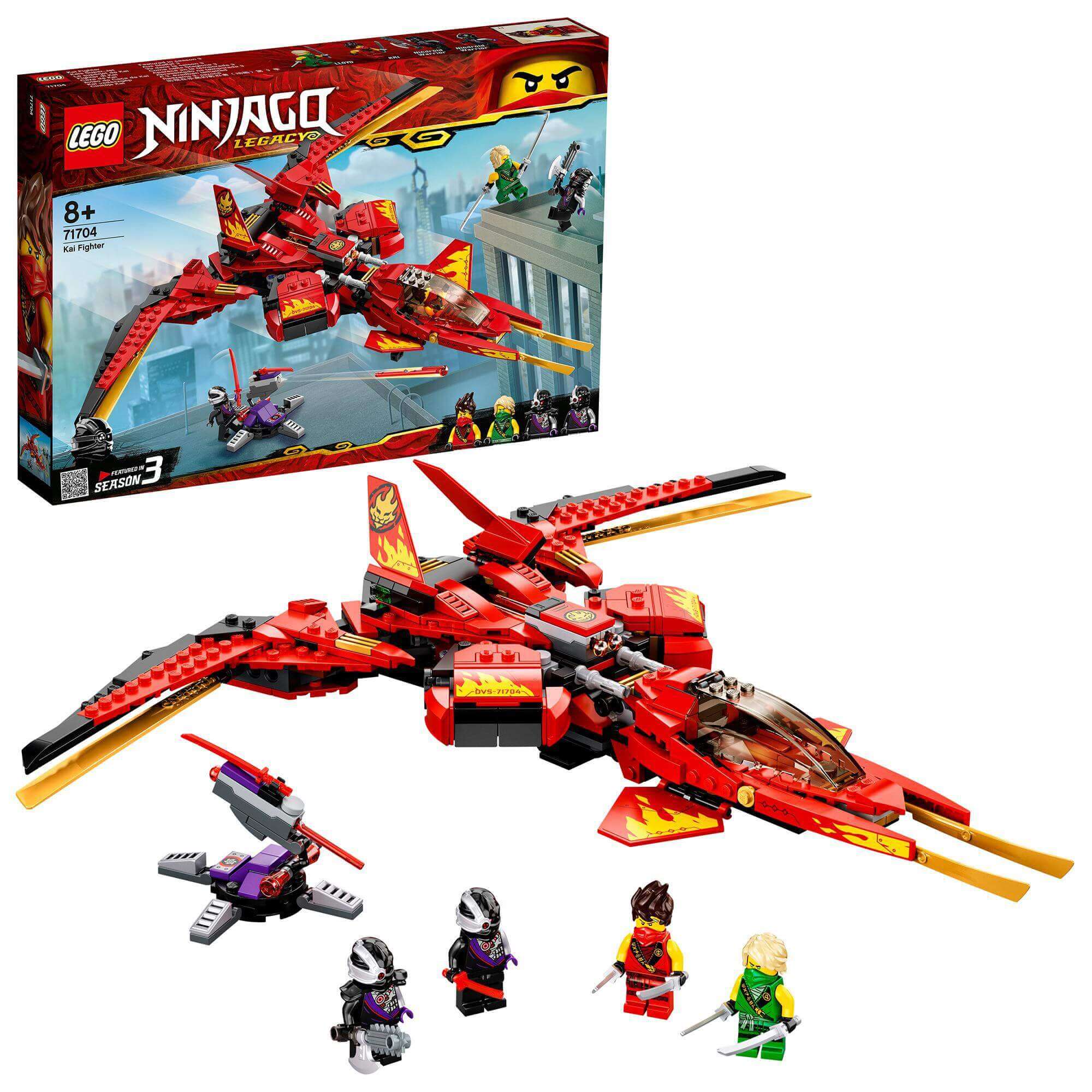 LEGO NINJAGO Legacy Kai Fighter 71704 with jet, minifigures, and packaging for kids' imaginative play.