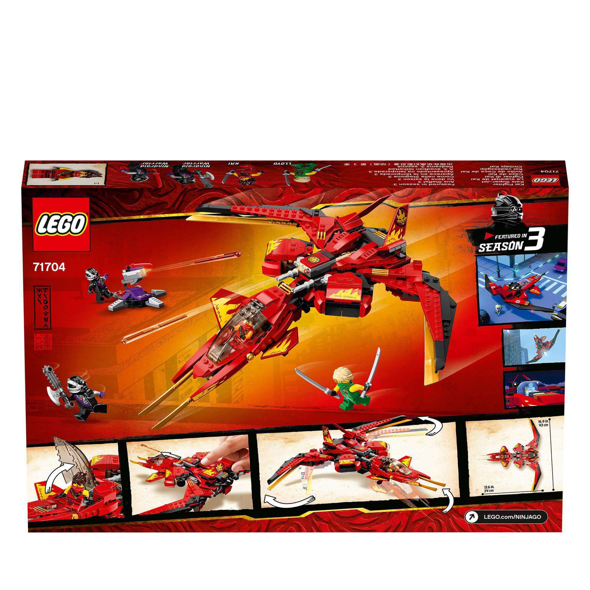 LEGO NINJAGO Legacy Kai Fighter Toy Jet 71704 with action scenes and Kai figure, perfect for kids' imaginative play.