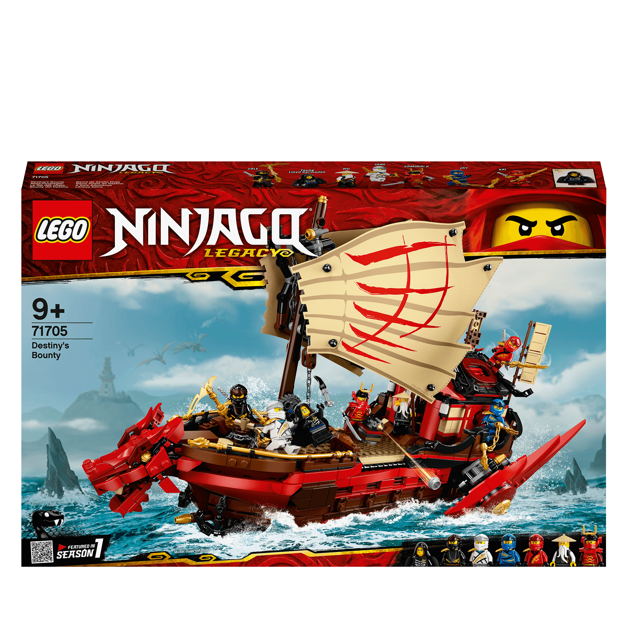 LEGO NINJAGO Legacy Destiny's Bounty Ship Set 71705 featuring minifigures Wu, Jay, Cole, and Zane.