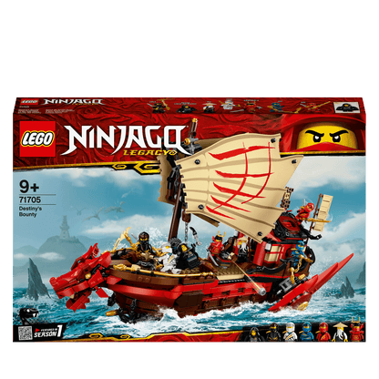 LEGO NINJAGO Legacy Destiny's Bounty Ship Set 71705 featuring minifigures Wu, Jay, Cole, and Zane.