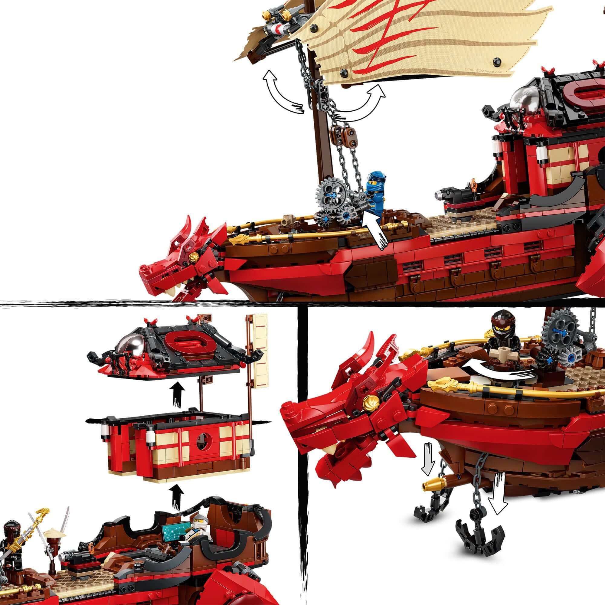 LEGO NINJAGO Destiny's Bounty Ship Set 71705 with minifigures and spinning sail, perfect for imaginative battles.