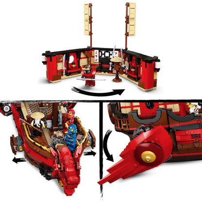 LEGO NINJAGO Destiny's Bounty ship set 71705 featuring colorful interior and 7 minifigures ready for battle.