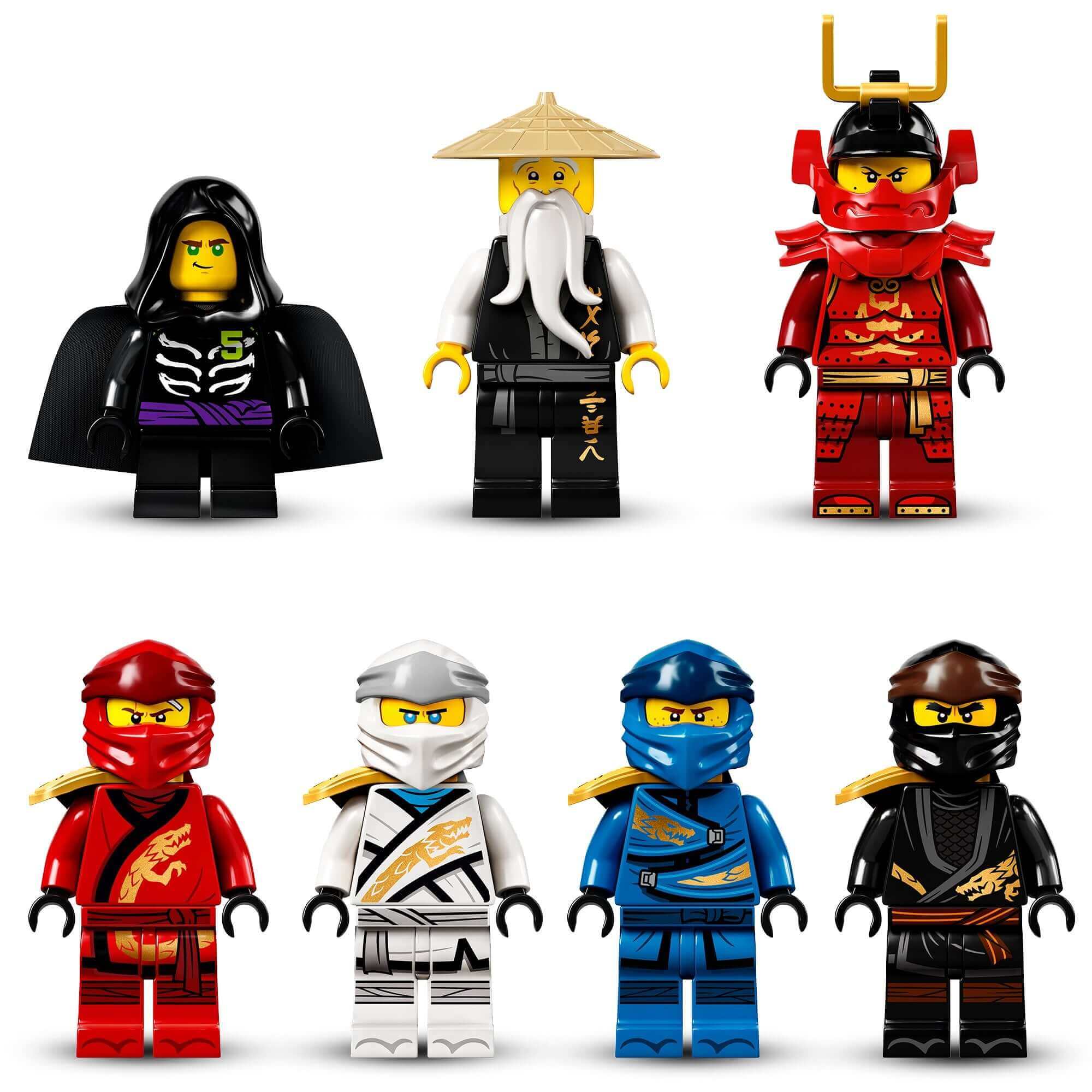 LEGO® NINJAGO minifigures including Wu, Jay, Cole, Zane and more from Destiny's Bounty Ship Set 71705.