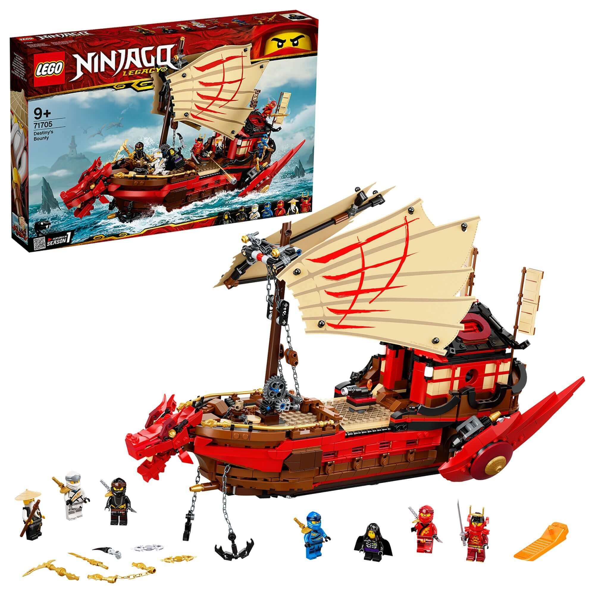 LEGO NINJAGO Legacy Destiny's Bounty Ship Set 71705 with minifigures Wu, Jay, Cole, Zane and battle accessories.