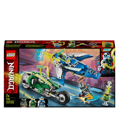 LEGO NINJAGO 71709 set featuring Jay's speeder, Lloyd's bike, and Hausner's hoverboard for exciting race play.