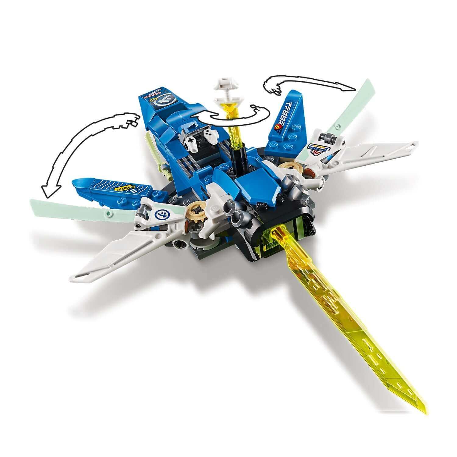 LEGO® NINJAGO Jay's speeder with spinning blades and yellow energy sword for imaginative play in the race against Lloyd and Hausner.