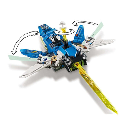 LEGO® NINJAGO Jay's speeder with spinning blades and yellow energy sword for imaginative play in the race against Lloyd and Hausner.