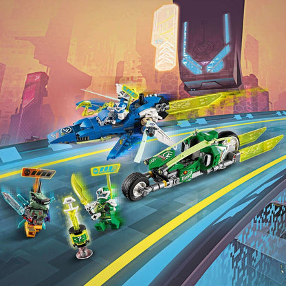 LEGO NINJAGO Jay and Lloyd's Racers Set 71709 featuring Digi Jay's speeder and Digi Lloyd's ninja bike in action.