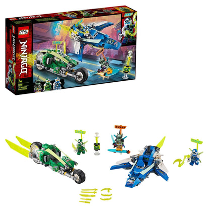 LEGO NINJAGO Jay and Lloyd's Racers Set 71709 with models of Digi Jay's speeder and Digi Lloyd's bike.