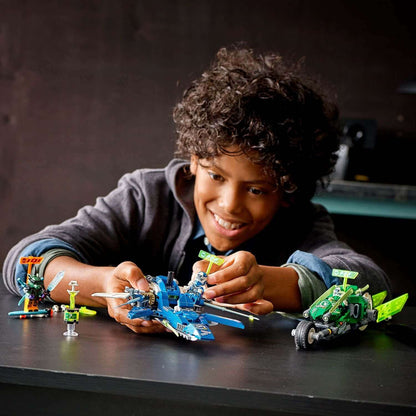 Child playing with LEGO NINJAGO Jay and Lloyd's Racers Set 71709, featuring fun models of speeder and bike.