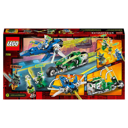 LEGO NINJAGO Jay and Lloyd's Racers Set 71709 featuring speeder, bike, and hoverboard for an exciting race.