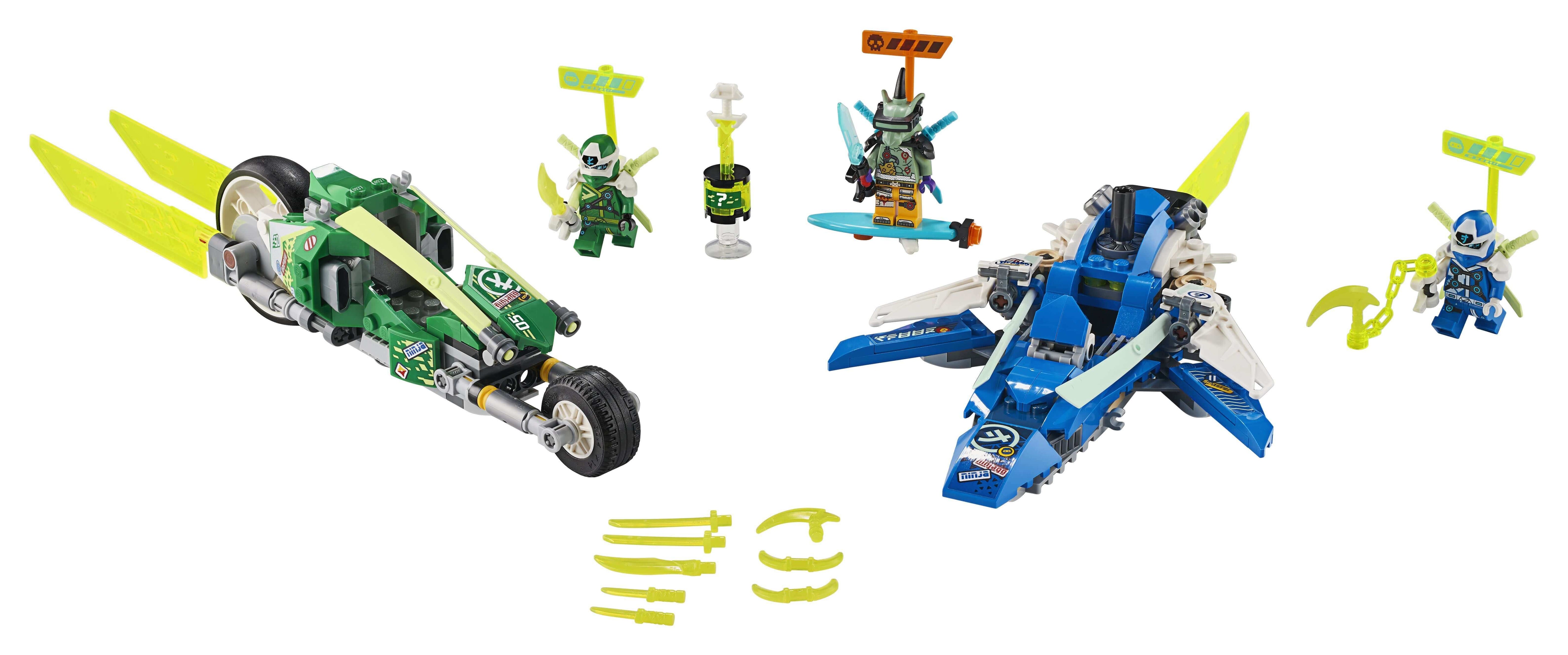 LEGO® NINJAGO Jay and Lloyd's Racers Set 71709 with Digi Jay's speeder, Digi Lloyd's bike, and Hausner's hoverboard.