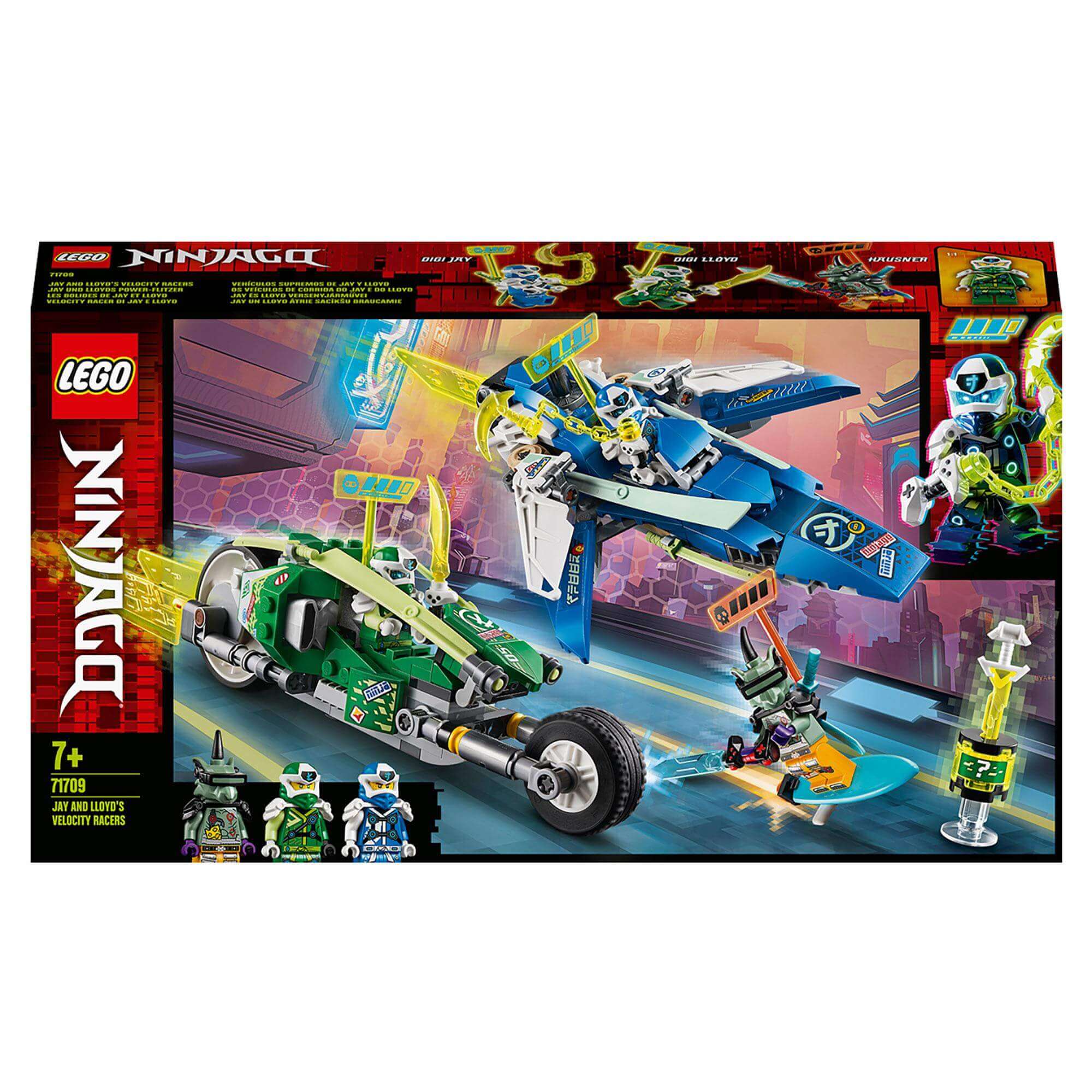 LEGO NINJAGO Jay and Lloyd's Racers Set 71709 featuring Digi Jay's speeder and Digi Lloyd's bike for exciting races.