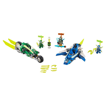 LEGO® NINJAGO Jay and Lloyd's Racers Set 71709 featuring Digi Jay's speeder and Digi Lloyd's bike with characters.