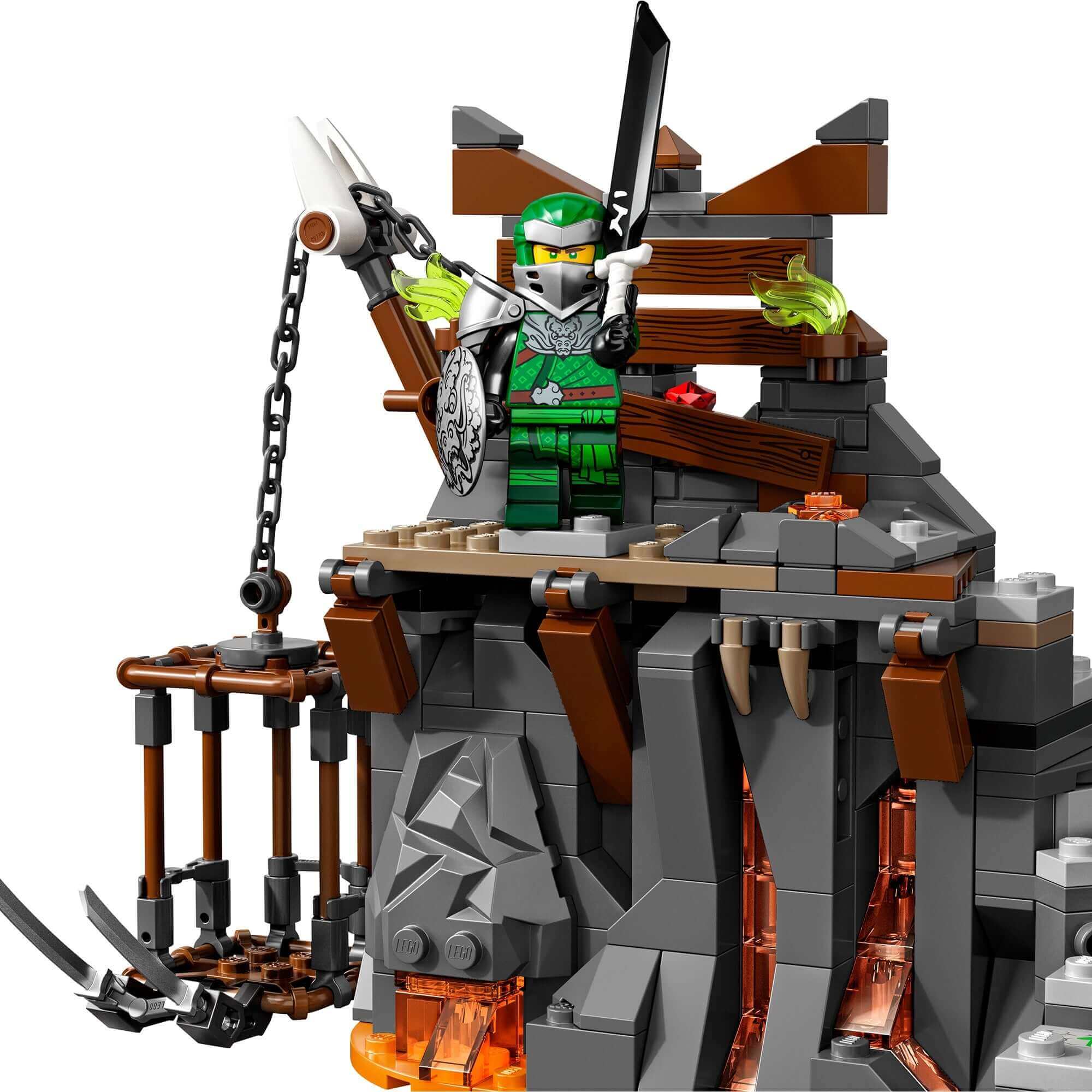 LEGO NINJAGO Journey to the Skull Dungeons Set 71717 featuring a ninja warrior with weapons and a dungeon background.